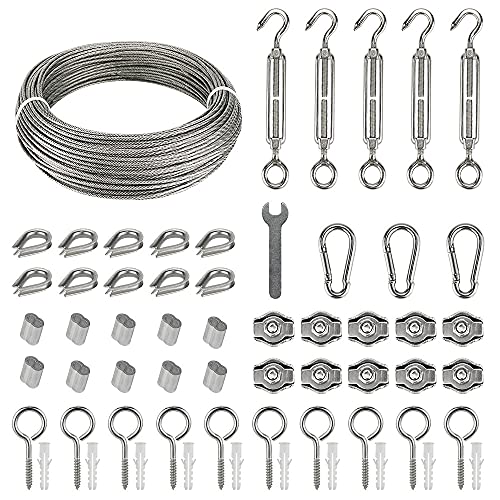 Drahtseil Edelstahl Set 60pcs, 35m/2mm Stahlseil für Rankhilfe mit M5 Spannschloss Seilspanner, Ösenschraube/Ringschraube Augen Schraubösen, Seilkauschen, Alu Seilklemmen, Drahtseilklemmen von VonLux