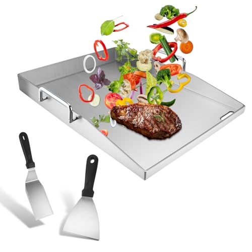 Edelstahl Plancha 40 x 30cm - Grillplatte Set mit 2 Grillspachtel und 2 Abnehmbarer Klappgriff und fettablaufloch, 4 mm Dicke Universal Grillplatte für BBQ Kohlegrill Gasgrill von VonLux