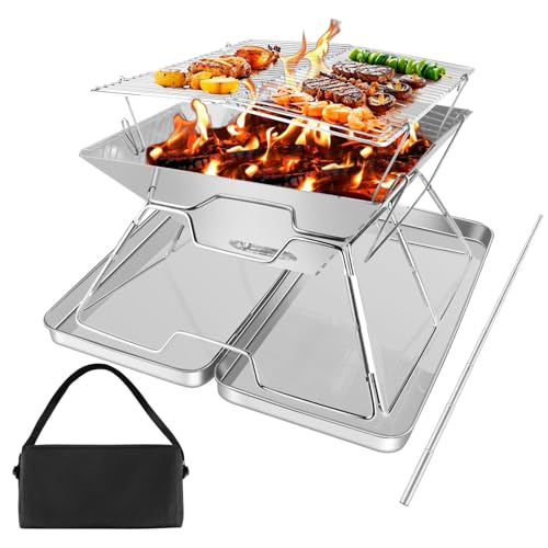 Faltbare Feuerstelle Grill Tragbare Feuerstelle, Faltbarer Campinggrill Tragbares Lagerfeuer Grill Set mit Eisenbox & Tragetasche, Edelstahl Faltbare Feuerstelle für BBQ Picknick Terrasse von VonLux