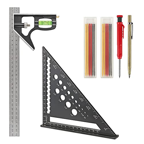 Kombinationswinkel 300 mm, Zimmermannswinkel 180 mm, Tischler Bleistifte Set[Bleistift+12Minen+Anreißnadel] - Multifunktional Dreieckslineal Schreinerwinkel Set zum Messen und Markieren von VonLux