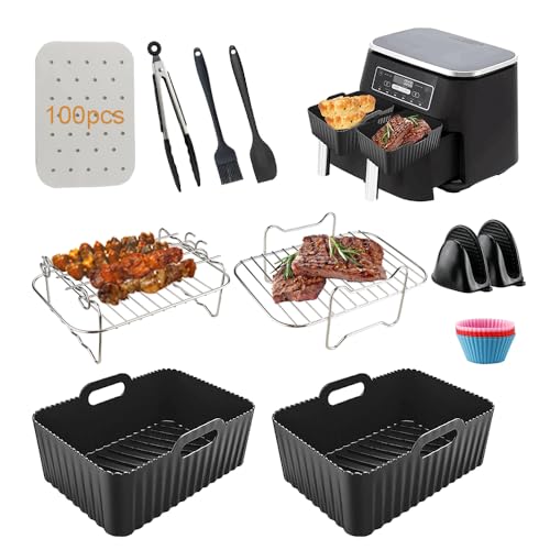 Luftfritteusen-Zubehör, 115 Stück – 2 Silikon-Luftfritteusen-Einlagen, kompatibel mit Ninja AF300UK/AF400UK Dual Air Fryer + Air Fryer Racks mit 4 Spießen + Papiereinlagen + Muffinformen + Küchenzange von VonLux