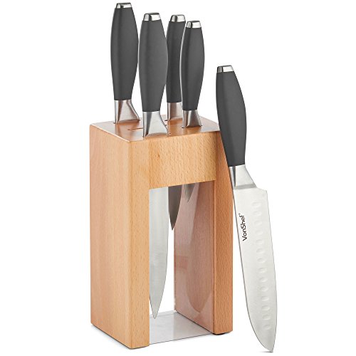 Messerset Parent 6pc Knife Block Set Wooden block and black handles von VonShef