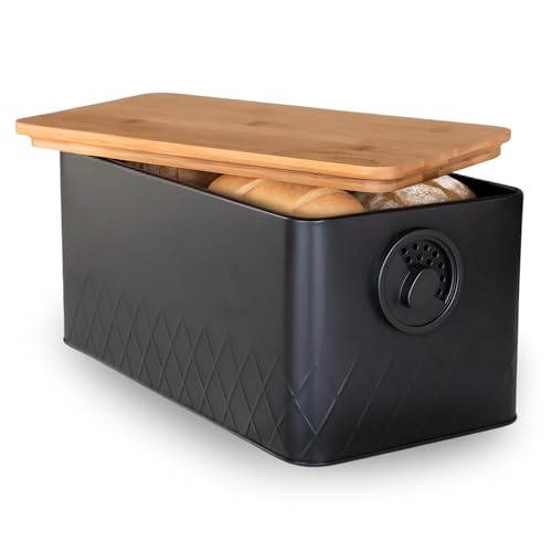 Vondy Brotkasten Metall Schwarz mit Bambusdeckel – Große Brotbox 33x18x16 cm, verstellbare Belüftung für frisches & schimmelfreies Brot – Inklusive Brotbeutel von Vondy