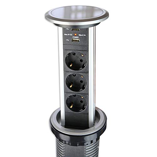 Automatisch versenkbare Steckdose für Küche und Büro mit Touch-Funktion - Steckdosenleiste aus Aluminium, Tischsteckdose mit 3-fach Steckdosenelement und 2x USB | Silber von Vonhoff