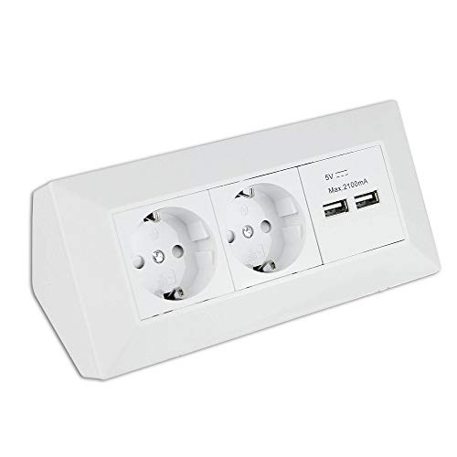 Steckdose weiß 2-fach mit USB für Küche und Büro - Ecksteckdose aus hochwertigem Kunststoff ideal für Arbeitsplatte, Tischsteckdose oder Unterbausteckdose mit 2-fach Steckdosenelement und von Vonhoff