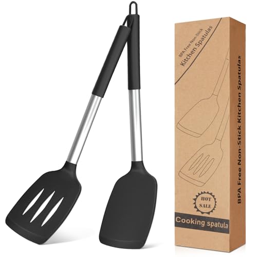 Pfannenwender aus Silikon, Hitzebeständig Geschlitzt Schwarz Pfannenwender, antihaftbeschichtet Spatel Set, Küchenutensilien zum Kochen, Backen, Wenden, Spülmaschinenfest 2er Set von Vonsera