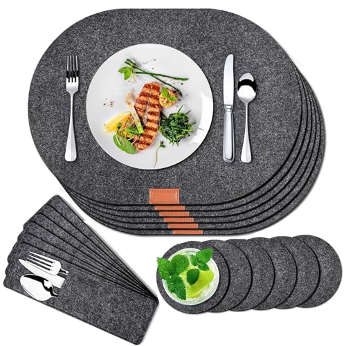 Platzsets Abwaschbar, Hitzebeständige Tischsets und Untersetzer aus Filz, 6 Waschbare Tischmattes, 6-rutschfeste Filzuntersetzer und 6-Besteckhüllen, Schützen Sie Ihren Küchen- und Esstisch, Oval Platzsets Abwaschbar, Hitzebeständige Tischsets und Untersetzer aus Filz, 6 Waschbare Tischmattes, 6-rutschfeste Filzuntersetzer und 6-Besteckhüllen, Schützen Sie Ihren Küchen- und Esstisch, Oval von Vonsera