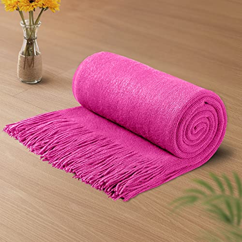 Vonty Hot Pink Strickdecke mit Quasten Fransen 127 x 152,4 cm, super weiche Strickdecke Bauernhaus Dekorative leichte Decke für Couch, Sofa, Bett von Vonty