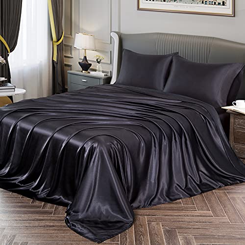 Vonty Satin-Bettlaken, Queen-Size-Größe, seidig weiches Satin-Bettwäsche-Set, 1 Spannbettlaken mit tiefen Taschen + 1 Bettlaken + 2 Kissenbezüge, Schwarz von Vonty