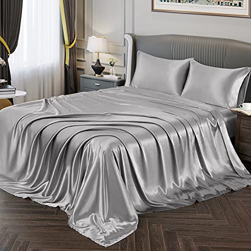 Vonty Satin-Bettlaken für Doppelbett, XL, seidig weiches Satin, silbergrau, Satin-Bettlaken-Set, 1 Spannbetttuch mit tiefer Tasche, 1 Bettlaken + 1 Kissenbezug von Vonty