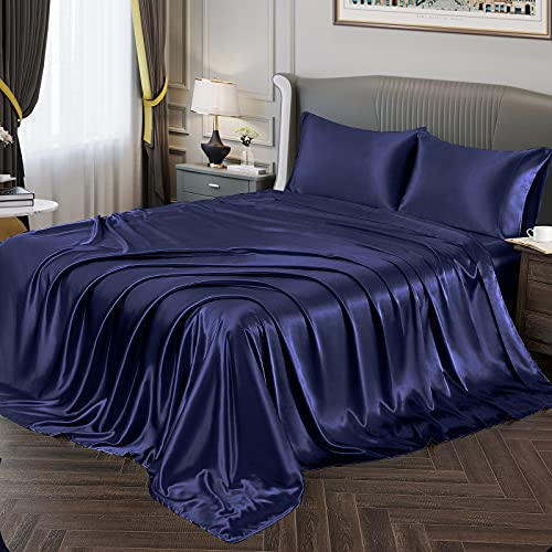 Vonty Satin-Bettlaken für Doppelbett, seidig weiches Satin, Marineblau, 1 Spannbetttuch mit tiefer Tasche, 1 Bettlaken + 1 Kissenbezug von Vonty