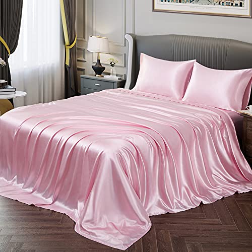 Vonty Satin-Bettlaken für Doppelbett, seidig weiches Satin, rosa Satin-Bettlaken-Set, 1 Spannbetttuch mit tiefer Tasche, 1 Bettlaken + 1 Kissenbezüge von Vonty