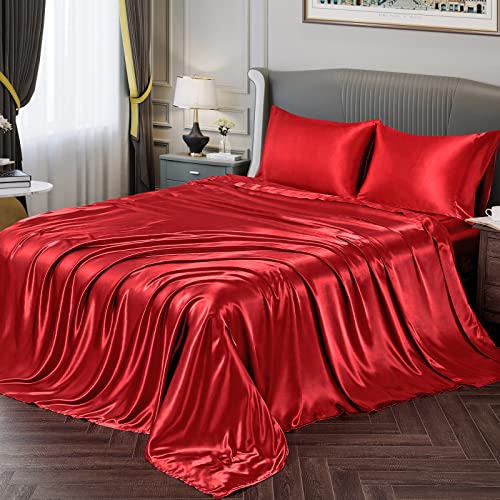 Vonty Satin-Bettlaken für Doppelbett, seidig weiches Satin, rotes Satin-Bettlaken-Set, 1 tiefes Spannbetttuch + 1 Bettlaken + 1 Kissenbezug von Vonty
