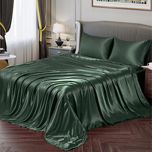 Vonty Satin-Bettlaken für King-Size-Bett, seidig weiches Satin, Waldgrün, 1 Spannbetttuch mit tiefer Tasche, 1 Bettlaken + 2 Kissenbezüge von Vonty