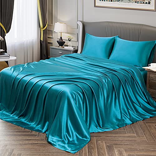 Vonty Satin-Bettlaken für Queen-Size-Bett, seidig weiches Satin, Blaugrün, 1 Spannbetttuch mit tiefer Tasche, 1 Bettlaken + 2 Kissenbezüge von Vonty