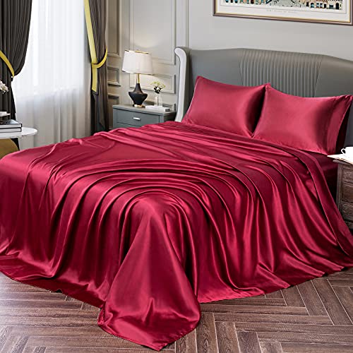 Vonty Satin-Bettlaken für Queen-Size-Bett, seidig weiches Satin, burgunderrot, 1 Spannbetttuch mit tiefer Tasche, 1 Bettlaken + 2 Kissenbezüge von Vonty