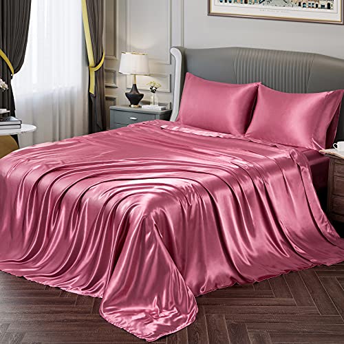 Vonty Satin-Bettlaken für Queen-Size-Bett, seidig weiches Satin, hellweinrot, Satin-Bettlaken-Set, 1 Spannbetttuch mit tiefer Tasche, 1 Bettlaken + 2 Kissenbezüge von Vonty