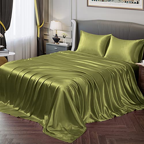 Vonty Satin-Bettlaken für Queensize-Bett, seidig weiches Satin, salbeigrün, 1 Spannbetttuch mit tiefer Tasche, 1 Bettlaken + 2 Kissenbezüge von Vonty