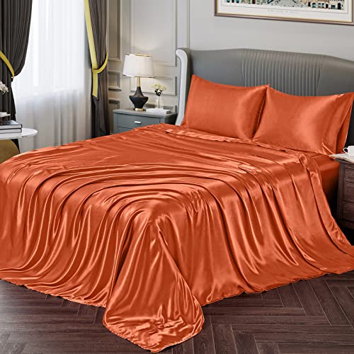 Vonty Satin Sheets King Silky Soft Satin Bed Sheets Burnt Orange Satin Sheets Set, 1 Deep Pocket Fitted Sheet + 1 Flat Sheet + 2 Pillowcases von Vonty