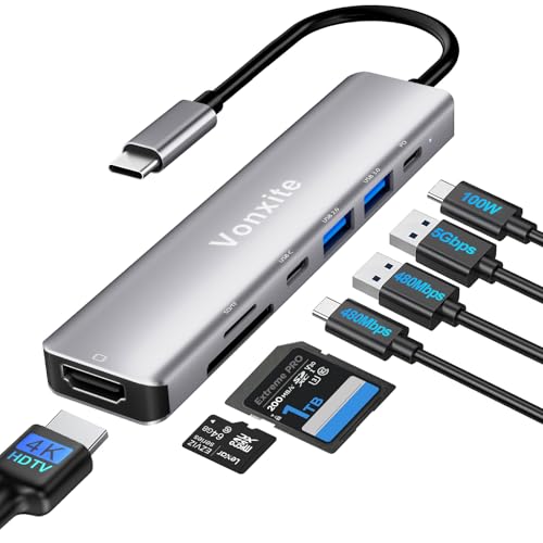 USB C Hub, USB C auf HDMI 4K Adapter, 7-in-1 USB-C Multiport Adapter mit 100W PD, U-S-B 3.0, USB 2.0, SD TF Kartenleser, Type C Datenport, USBC Adapter für i Phone 15 16/iPad/MacBook/Dell XPS/HP USB C Hub, USB C auf HDMI 4K Adapter, 7-in-1 USB-C Multiport Adapter mit 100W PD, U-S-B 3.0, USB 2.0, SD TF Kartenleser, Type C Datenport, USBC Adapter für i Phone 15 16/iPad/MacBook/Dell XPS/HP von Vonxite
