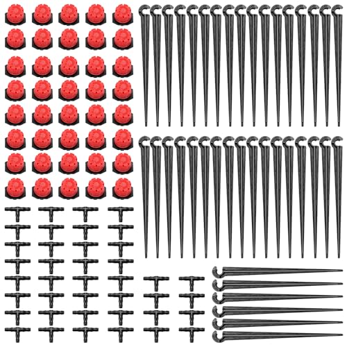 120 Stücke Automatische Tropf Bewässerung Set, VooGenzek 40 Einstellbare Micro Drip Tropfer + 40 T-Steckverbinder + 40 Micro Drip Rohrhalter für Schlauch 4/7mm, für Garten, Rasen, Gewächshaus, Rot von VooGenzek