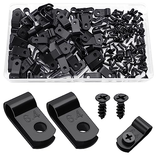 VooGenzek 100 Stück 6.4mm (1/4 Zoll) Nylon R-Type Kabelhalter, R Typ Cable Clip Drahtklemme mit 100 Stück Schrauben, für Drahtmanagement (Schwarz) von VooGenzek