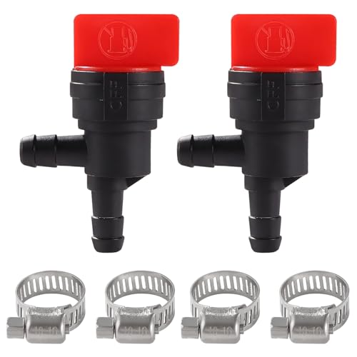 VooGenzek 2 Stücke 1/4 Zoll 90-Grad-Kraftstoff-Absperrventil, 6-8 mm Inline-Kraftstoffabsperrventilhahn aus Kunststoff, mit 4 Stücke Schlauchschellen, für Rasenmäher-Zubehör von VooGenzek