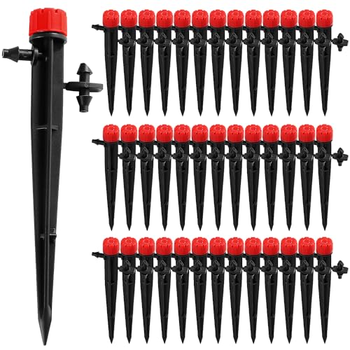 VooGenzek 40 Stücke 360 Grad Einstellbare Bewässerung Sprinkler, 8-Loch Garten Bewässerung Tropfer for 4/7mm Schlauch, für Gewächshaus, Topfpflanzen, Rot (mit Verbinder) von VooGenzek