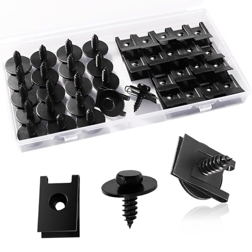 VooGenzek 40 Stücke Schraube Mutter Clip Kit, Kotflügelclip Blechmutter Befestigung, Blechschrauben Kotflügel Befestigung Blechmuttern Sortiment, mit Schrauben für Auto, Schwarz von VooGenzek