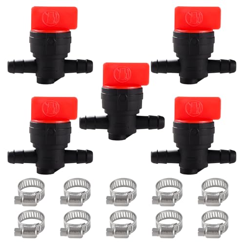 VooGenzek 5 Stücke 1/4 Inline-Ein-/Aus-Kraftstoffschalter, 6-8 mm Inline-Kraftstoffabsperrventilhahn aus Kunststoff, mit 10 Stücke Schlauchschellen, für Rasenmäher-Zubehör von VooGenzek