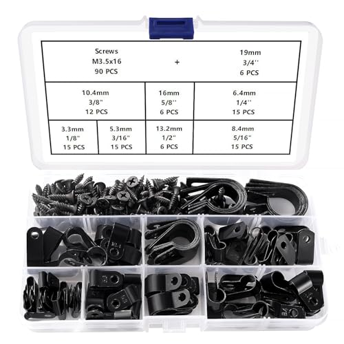 VooGenzek 90 Stücke 8 Größen Nylon R/U-Type Kabelhalter Kit, Cable Clip Drahtklemme mit 90 Stück Schrauben, für Drahtmanagement (Schwarz) von VooGenzek
