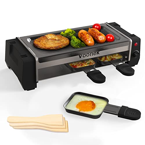 Raclette 2 Personen Raclette Grill Mini Raclette 3 Pfännchen 3 Raclette Holzspatel Tischgrill Elektrisch Korean BBQ Grill Elektrogrill Antihaftbeschichtete Grillplatte 700 Watt, Schwarz von Voohek