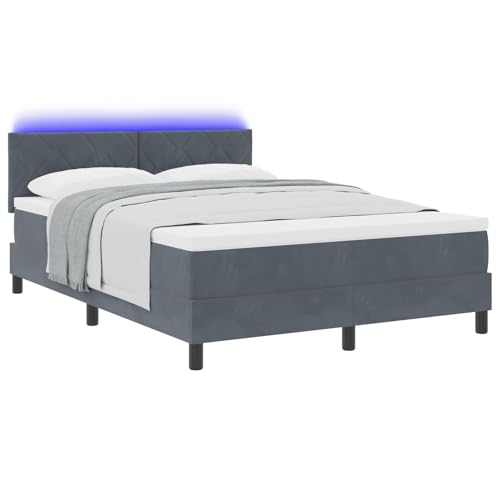 Grey Velvet Double Bed Frame with Mattress & LED - Modern Design, 160x200 cm von Vopese