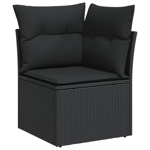 Vopese 10 Teile Garten Sofa Set mit Kissen Schwarz Poly Rattan Akazie, 2-Sitzer Garten Sofa mit Kissen Schwarz Poly Rattan, 4 Teile Garten Essenset mit Kissen Schwarz Poly Rattan Akazie Terassenm?Bel von Vopese