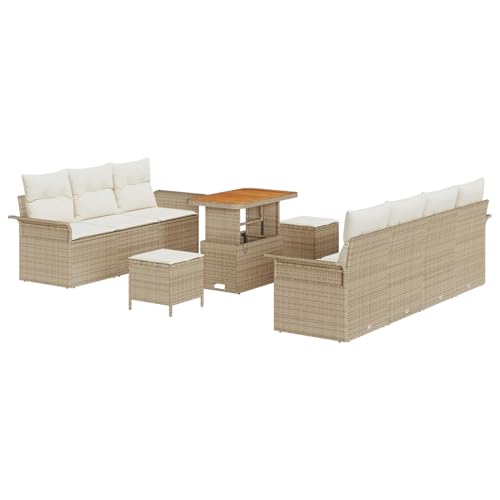 Vopese 10-teiliges Garten-Sofa-Set mit Kissen - Beiges Poly-Rattan-Akazie, 2-Sitzer Garten-Sofa mit Stauraum & Kissen - Beiges Poly-Rattan, 3-teiliges Garten-Dining-Set mit Kissen - Beiges Poly-Rattan von Vopese