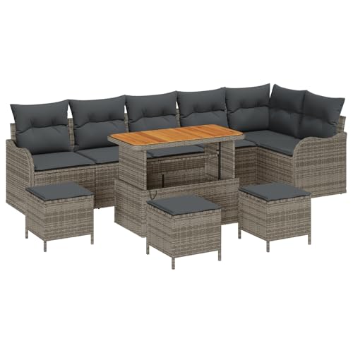 Vopese 10-teiliges Garten-Sofa-Set mit Kissen Grau Poly-Rattan Akazie, 2-Sitzer Garten-Sofa mit Stauraum & Kissen Grau Poly-Rattan, 4-teiliges Garten-Ess-Set mit Kissen Grau Poly-Rattan Akazie Terasse von Vopese