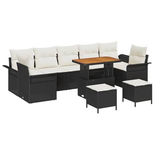 Vopese 10-teiliges Garten Sofa Set mit Kissen Schwarz Poly Rattan Akazie, 2-Sitzer Garten Sofa mit Kissen Schwarz Poly Rattan, 3-teilige Garten Essgruppe mit Kissen Schwarz Poly Rattan Akazie Terassen von Vopese