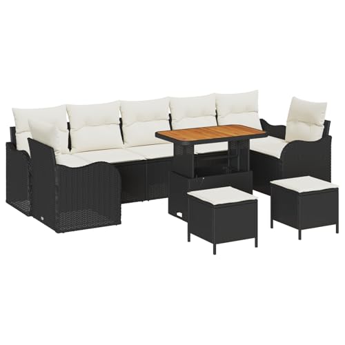 Vopese 10-teiliges Garten-Sofa-Set mit Kissen Schwarz Poly-Rattan Akazie, 2-Sitzer-Garten-Sofa mit Kissen Schwarz Poly-Rattan, 3-teilige Garten-Essgruppe mit Kissen Schwarz Poly-Rattan Akazie Terassen von Vopese