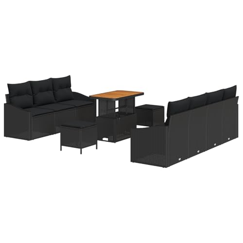Vopese 10-teiliges Garten Sofa Set mit Kissen Schwarz Poly Rattan Akazie, 2-Sitzer Garten Sofa mit Kissen Schwarz Poly Rattan, 3-teiliges Garten Ess-Set mit Kissen Schwarz Poly Rattan Akazie Terassenm von Vopese