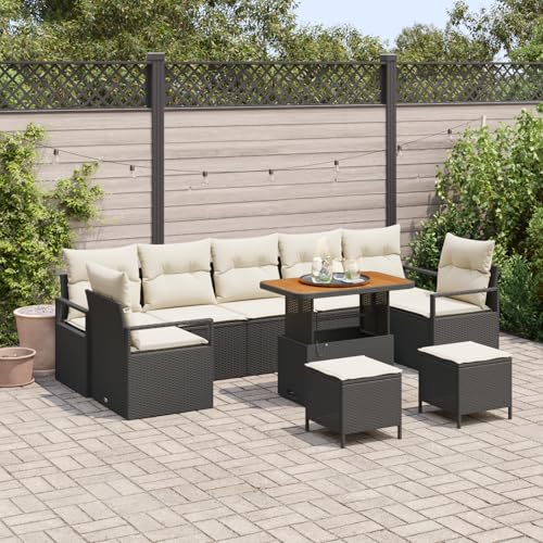 Vopese 10-teiliges Garten Sofa Set mit Kissen Schwarz Poly Rattan Akazie, 2-Sitzer Garten Sofa mit Kissen Schwarz Poly Rattan, 3-teiliges Garten Essset mit Kissen Schwarz Poly Rattan Akazie Terassenm? von Vopese