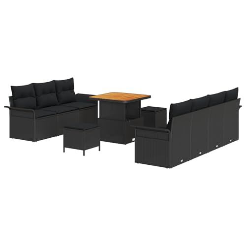 Vopese 10-teiliges Garten Sofa Set mit Kissen Schwarz Poly Rattan Akazie, 2-Sitzer Garten Sofa mit Kissen Schwarz Poly Rattan, 3-teiliges Garten Essset mit Kissen Schwarz Poly Rattan Akazie Terassenm? von Vopese