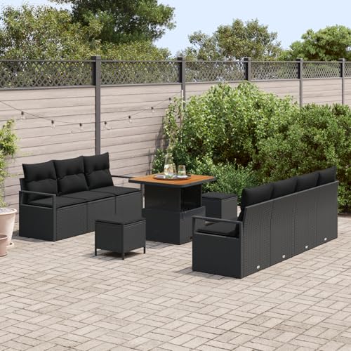 Vopese 10-teiliges Garten Sofa Set mit Kissen Schwarz Poly Rattan Akazie, 2-Sitzer Garten Sofa mit Kissen Schwarz Poly Rattan, 3-teiliges Garten Esszimmer Set mit Kissen Schwarz Poly Rattan Akazie Ter von Vopese