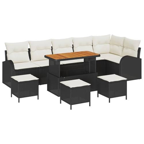 Vopese 10-teiliges Garten-Sofa-Set mit Kissen Schwarz Poly-Rattan Akazie, 2-Sitzer Garten-Sofa mit Kissen Schwarz Poly-Rattan, 4-teiliges Garten-Essgruppen-Set mit Kissen Schwarz Poly-Rattan Akazie Te von Vopese