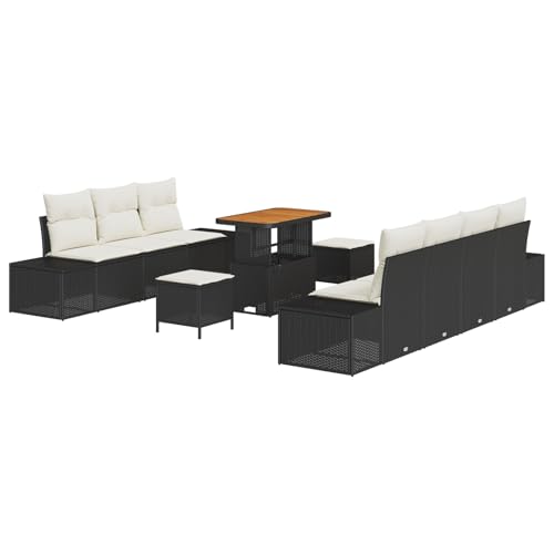 Vopese 10-teiliges Garten-Sofa-Set mit Kissen Schwarz Poly-Rattan Akazie, 2-Sitzer Garten-Sofa mit Stauraum & Kissen Schwarz Poly-Rattan, 3-teilige Garten-Essgruppe mit Kissen Schwarz Poly-Rattan Akaz von Vopese