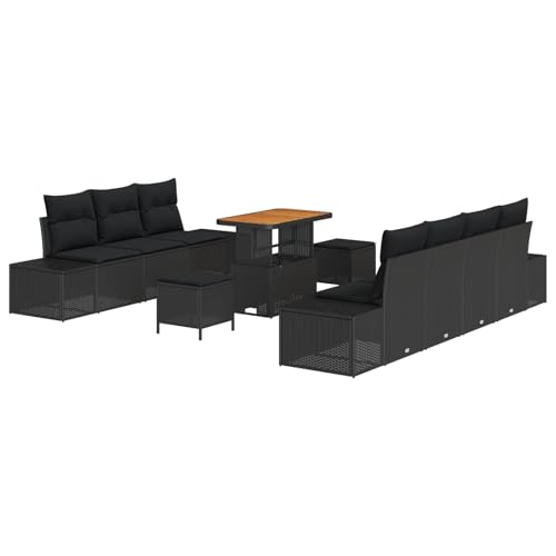 Vopese 10-teiliges Garten Sofa Set mit Kissen Schwarz Poly Rattan Akazie, 2-Sitzer Garten Sofa mit Stauraum & Kissen Schwarz Poly Rattan, 3-teiliges Garten Ess-Set mit Kissen Schwarz Poly Rattan Akazi von Vopese
