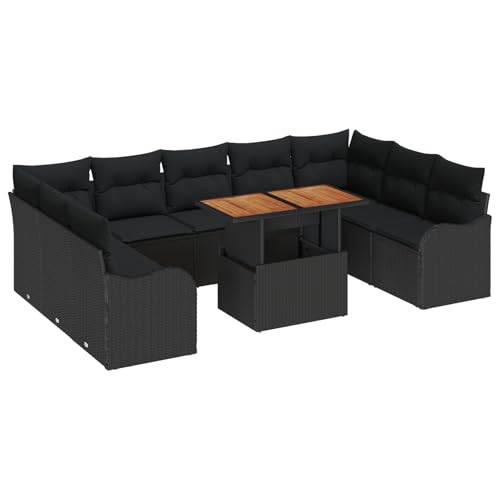 Vopese 10-teiliges Garten-Sofa-Set mit Kissen Schwarzes Poly Rattan Akazie, 2-Sitzer Garten-Sofa mit Kissen Schwarzes Poly Rattan Lounge Sofa Outdoor Model3349505 von Vopese