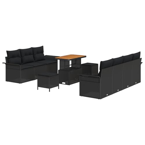 Vopese 10-teiliges Garten Sofaset mit Kissen Schwarz Poly Rattan Akazie, 2-Sitzer Garten Sofa mit Kissen Schwarz Poly Rattan, 3-teiliges Garten Essset mit Kissen Schwarz Poly Rattan Akazie Terassenm?b von Vopese