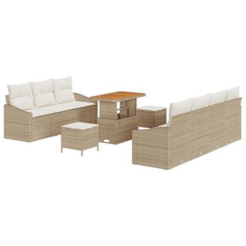 Vopese 10-tlg. Garten Sofa Set mit Kissen Beige Poly Rattan Akazie, 2-Sitzer Garten Sofa mit Stauraum & Kissen Beige Poly Rattan, 3-teiliges Garten Ess-Set mit Kissen Beige Poly Rattan Akazie Terassen von Vopese