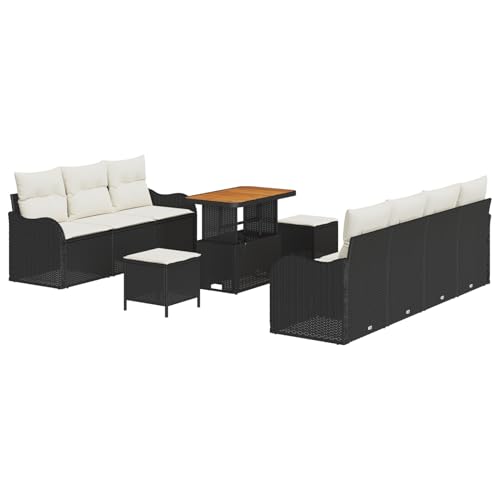 Vopese 10tlg. Garten Sofa Set mit Kissen Schwarz Poly Rattan Akazie, 2-Sitzer Garten Sofa mit Stauraum & Kissen Schwarz Poly Rattan, 3tlg. Garten Essgruppe mit Kissen Schwarz Poly Rattan Akazie Terass von Vopese