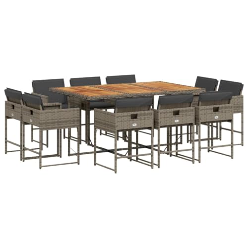 Vopese 11-TLG. Garten-Essgruppe mit Kissen Grau Poly Rattan Garten-Esstisch und Stühle Model3211394 von Vopese